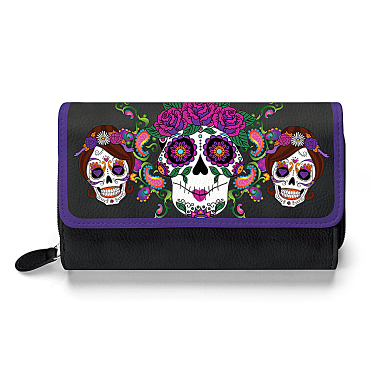 Skull With Flowers Purple Women's Clutch Wristlet with Strap Personalized Mom's Gift Clutch Wristlet with Strap 