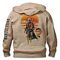 The Mandalorian Mens Hoodie Tan Knit Cotton Blend Featuring Mando With His Bounty On The Back A Bounty Hunter Action Silhouette On The Front