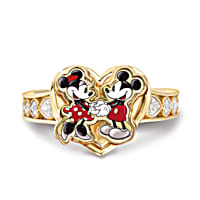 Disney Ultimate Couple Womens Romantic 18K Gold Plated Mickey Mouse And Minnie Mouse Heart Shaped Ring Adorned With 8 White Topaz In Sculpted Hearts