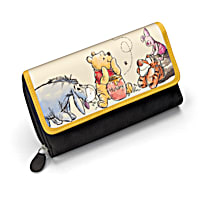 Disney Winnie The Pooh Womens Black Faux Leather Trifold Wallet With Yellow Trim Featuring Disney Art On The Front Flap With Silver Toned Hardware