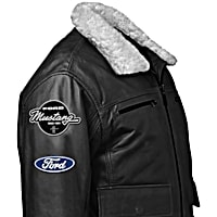 Black Leather Jacket Featuring Ford Mustang Applique Patches And Detachable Sherpa Collar
