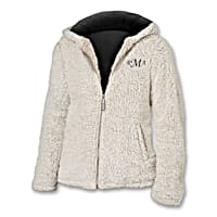 Just My Style Womens Personalized Cream Color Lightweight Sherpa Jacket Lined In A Black Jersey Knit Features 3 Embroidered Initials Of Your Choice