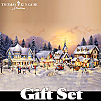 Hand-Painted Village Christmas Set Inspired By Thomas Kinkade Art Featuring  An Illuminated Bed And Breakfast, Santas Workshop, Church And House