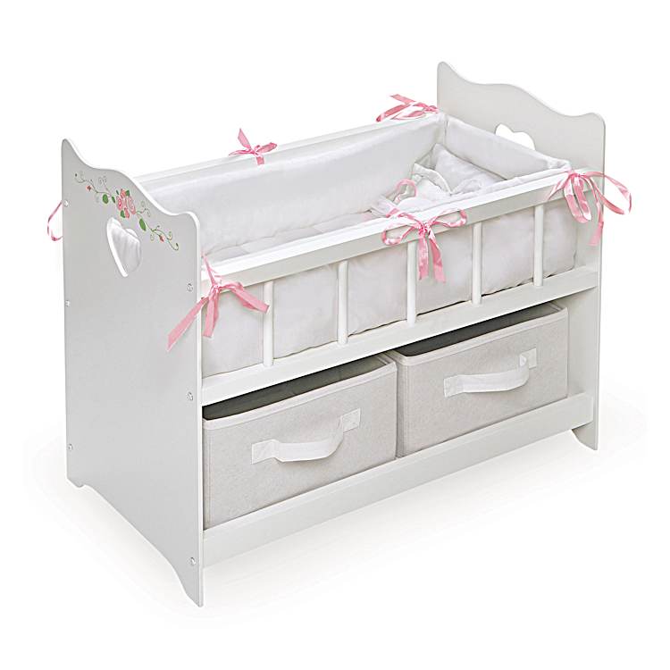 White Baby Doll Crib Accessory For Dolls Up To 20 Featuring A Padded Liner With Pillow Set 2 Removable Baskets That Provide Plenty Of Storage