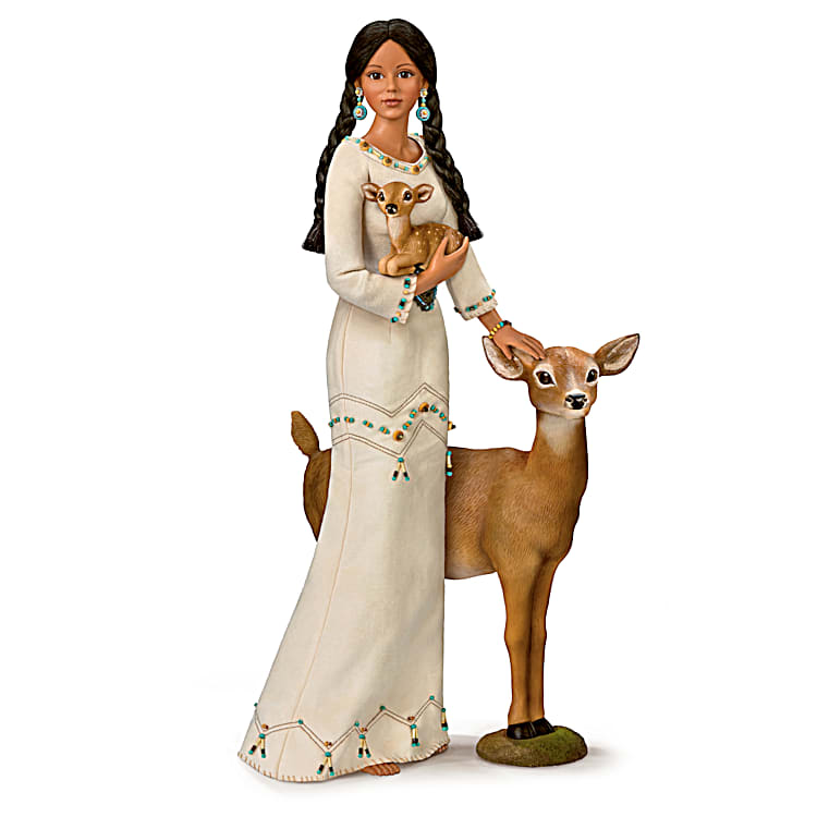 Deer Maiden Of The Morning Star 21 Tall Hand Painted Portrait Doll With 2 Deer Figures Featuring A Custom Designed Ensemble With An Illuminated Shawl