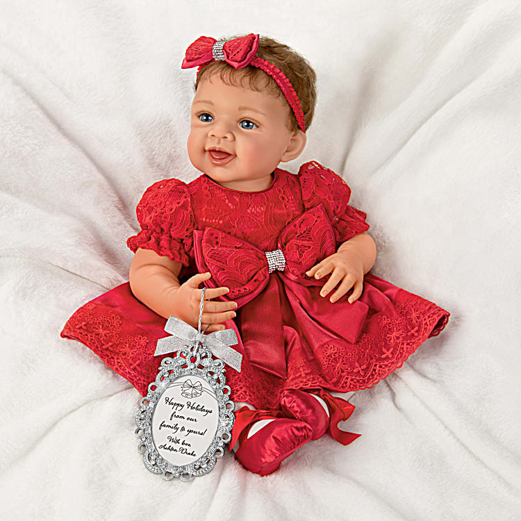 My First Christmas Gianna Lifelike Baby Doll With Custom Red Satin Outfit And Silver Toned Ornament