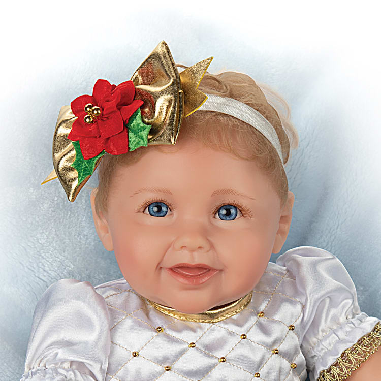 My First Christmas Holly Lifelike Baby Doll With Emerald Crushed Velvet Dress And Gold Tone Ornament