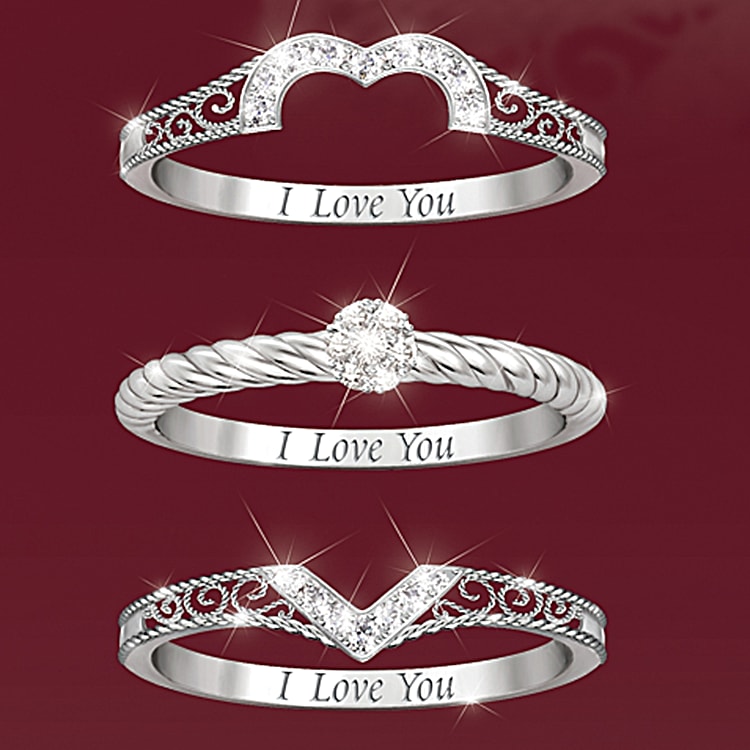 I Love You Heart Shaped Diamond Stacking Rings