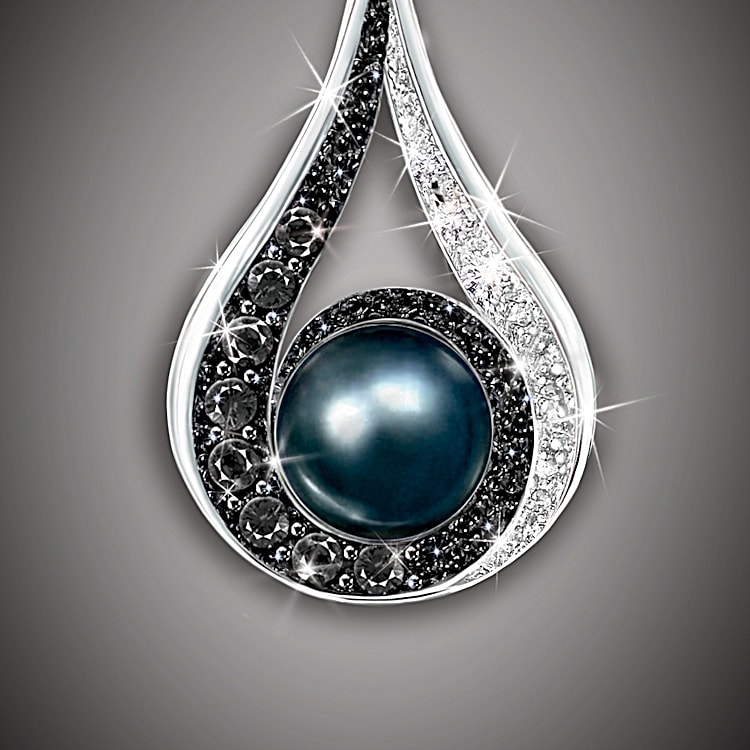 Diamond And Cultured Black Pearl Pendant Necklace Luminous Reflections