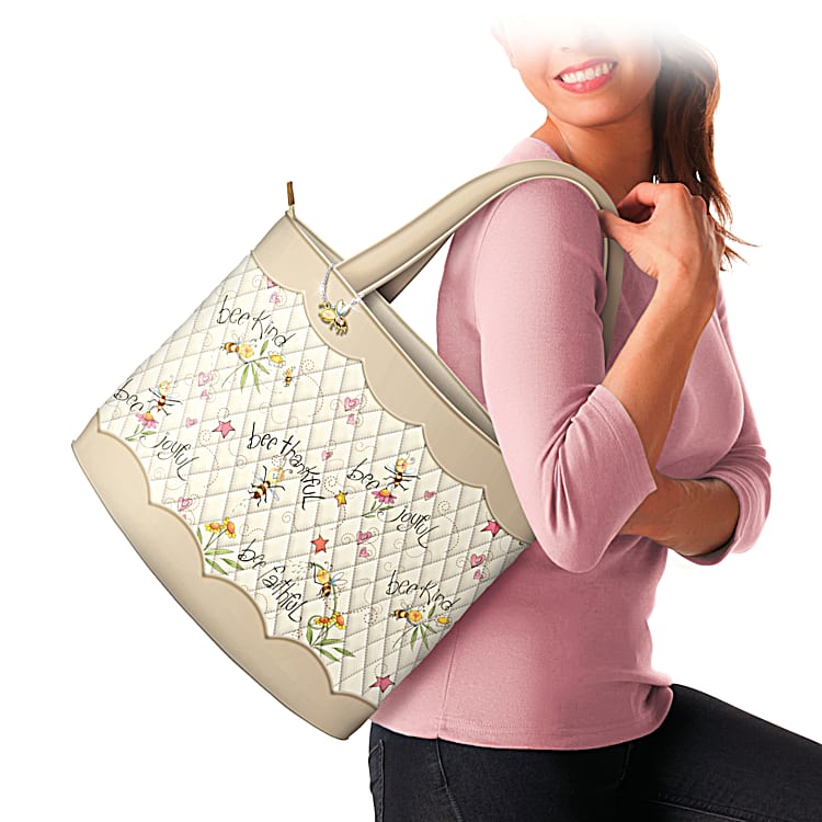 Bee Thankful Diamond Quilted Cotton Polyester Twill Tan Tote Bag