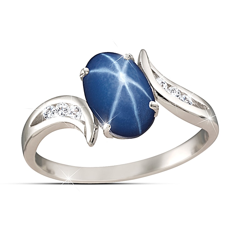 Created Star Sapphire & 6 White Topaz Sky Gazer Ring