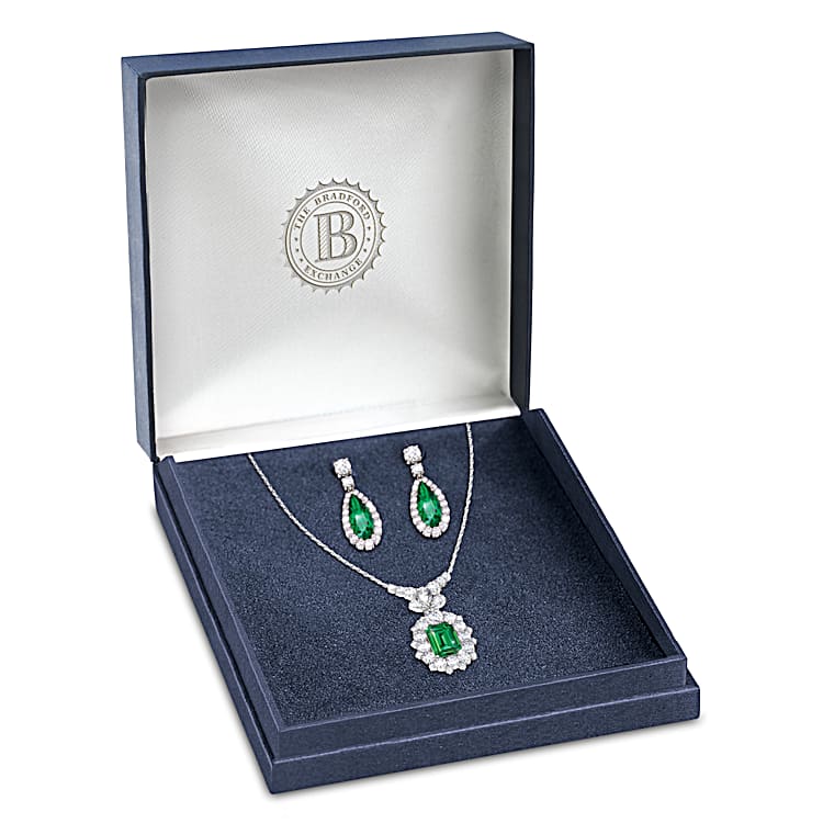 Hollywood Romance Diamonesk Simulated Emerald And Diamonds Necklace & Earrings  Set