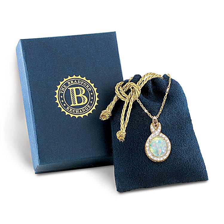 Queen Of Gems Womens Oval Shaped Ethiopian Opal And Diamond Pendant Necklace Featuring 18K Gold Plating