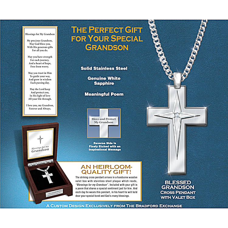Blessed Grandson Men s Stainless Steel Religious Cross Pendant Necklace With Valet Box