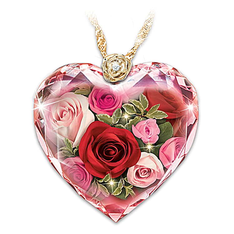 Love Blooms Forever Diamond Crystal Womens Heart Shaped Pendant Necklace