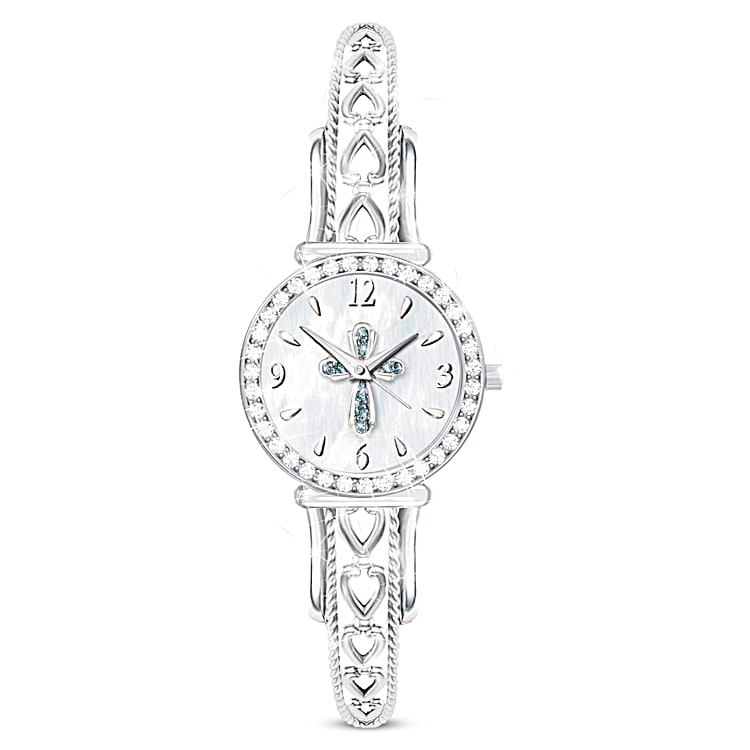 Heavenly Grace Womens Stainless Steel Watch Adorned With 40 Crystals Featuring A Mother Of Pearl Watch Face With A Religious Cross