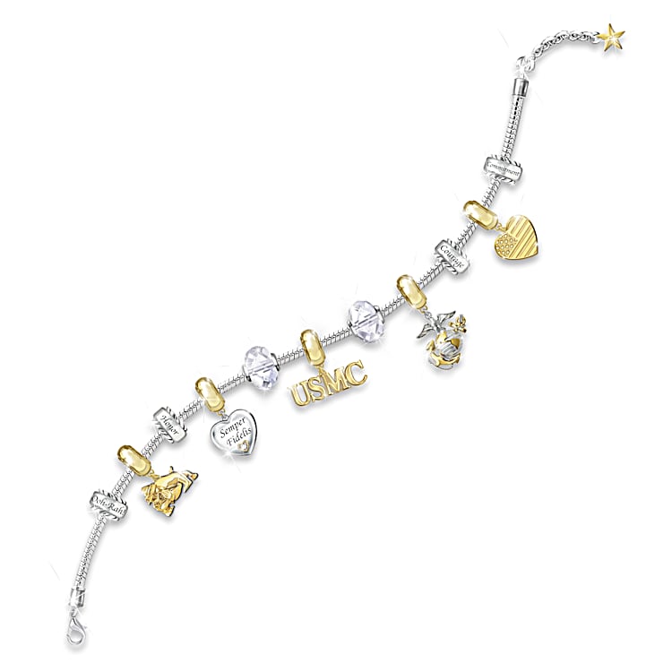 Pride Of USMC Womens Sterling Silver Plated Charm Bracelet