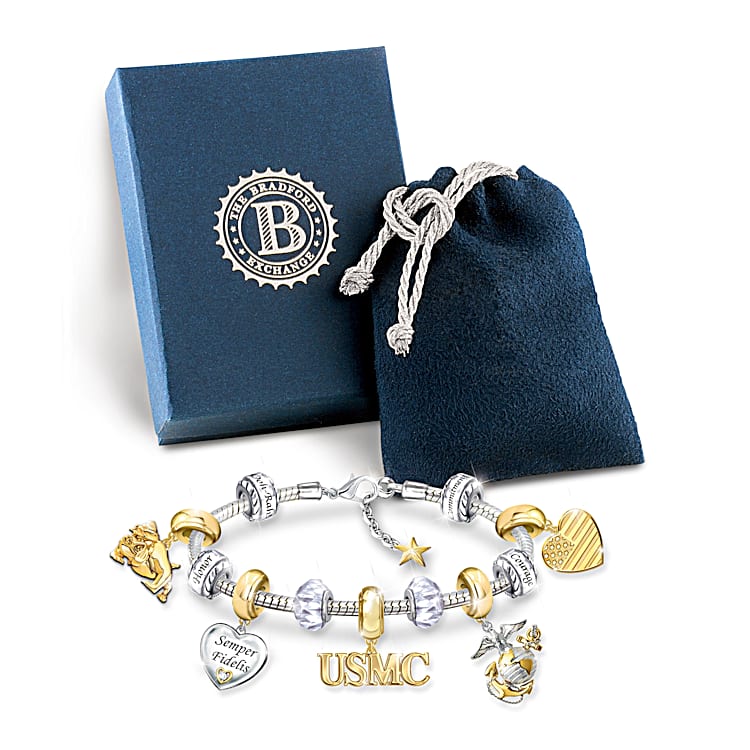 Pride Of USMC Womens Sterling Silver Plated Charm Bracelet