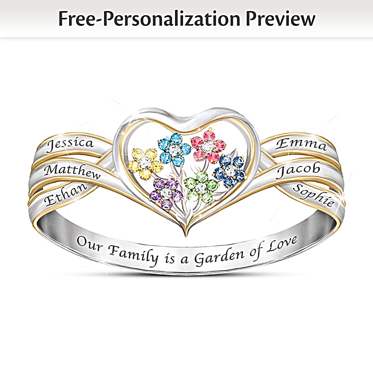 Our Family Is A Garden Of Love Womens Personalized Heart Shaped Birthstone Ring