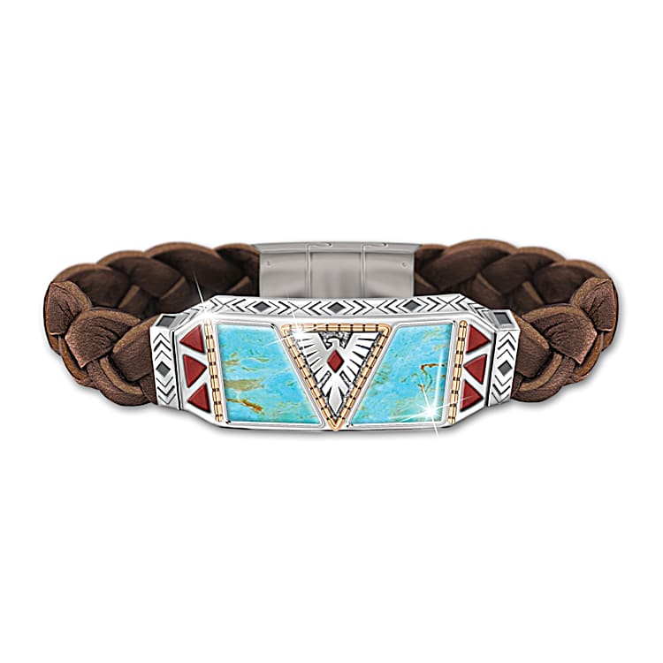 Native Spirit Mens Turquoise Bracelet Featuring Sculpted Thunderbird Braided Leather Band