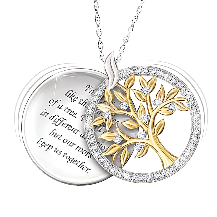Our Family Tree Womens 18K Gold Plated Pendant Necklace With Crystals