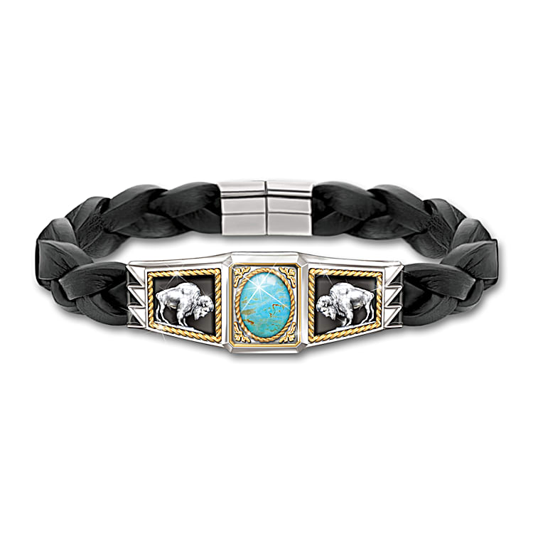 Strength Of The West Mens Black Braided Leather Bracelet Adorned