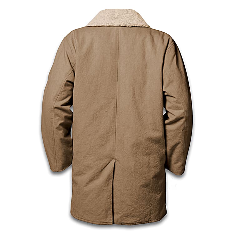Legendary John Wayne Mens Mohave Brown Western Jacket Featuring A Sherpa Collar A Double Breasted Front Button Closure