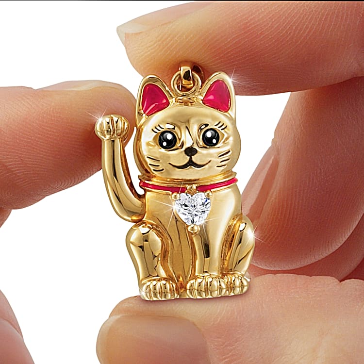 Jade Lucky Cat Charms, Japanese Waving Cat Cute Pendant Necklace