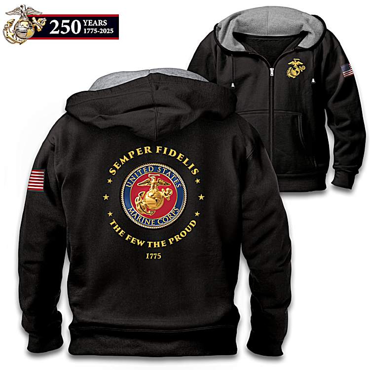Proud To Serve U.S. Marines Mens Black Knit Fleece Front Zip Hoodie