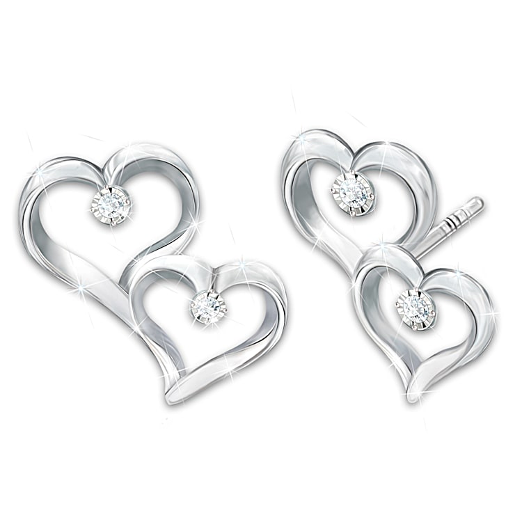 Always My Granddaughter Sterling Silver Earrings Featuring 2 Gracefully Sculpted Hearts Each Set With A Diamond For A Total Of 4 Diamonds In All