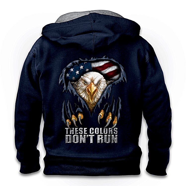 These Colors Dont Run Mens Patriotic Front Zip Hoodie With Custom Eagle Art Embroidered American Flag Patch