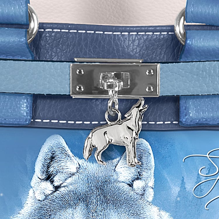 Eddie LePage Spirit Of The Wilderness Womens Blue Wolf Themed Handbag With Adjustable Shoulder Strap Wolf Shaped Charm