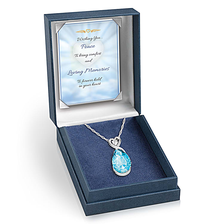 Words Of Comfort Sterling Silver Memorial Pendant Necklace Featuring A  Teardrop-Shaped Sky Blue Topaz Center Stone & Adorned With A Solitaire  Diamond