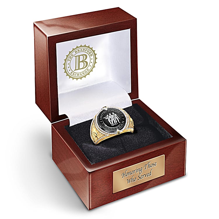 U.S. Veteran Commemorative Mens Ring With A Black Onyx Center Stone 18K Gold Plating With Deluxe Wooden Presentation Case