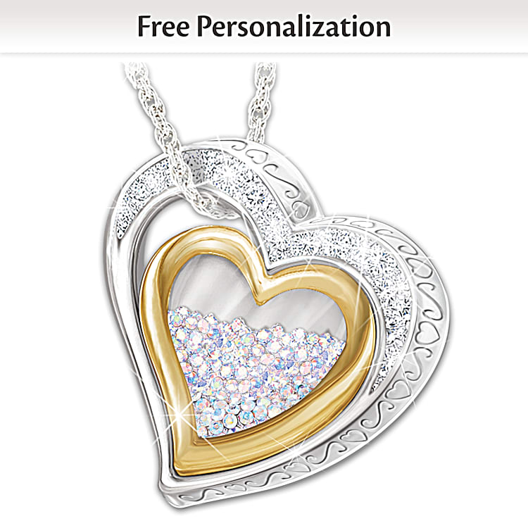 Womens Personalized Heart Shaped Necklace With 365 Free Floating Aurora Borealis Crystals 18K Gold Plated Accents