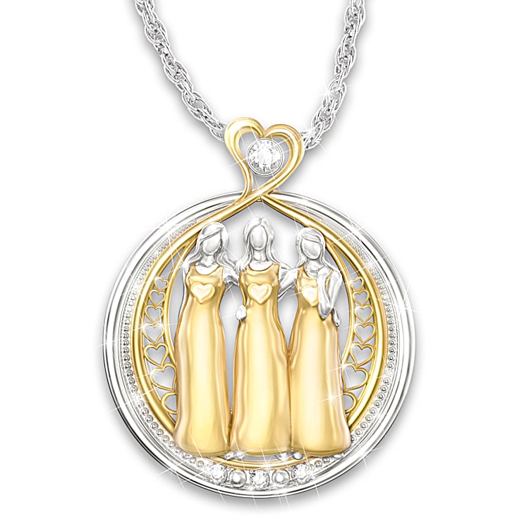 Strength In Sisterhood Round Pendant Necklace Featuring Sculpted Sister Figures Hand Set With Crystals Adorned With 18K Gold Plated Accents