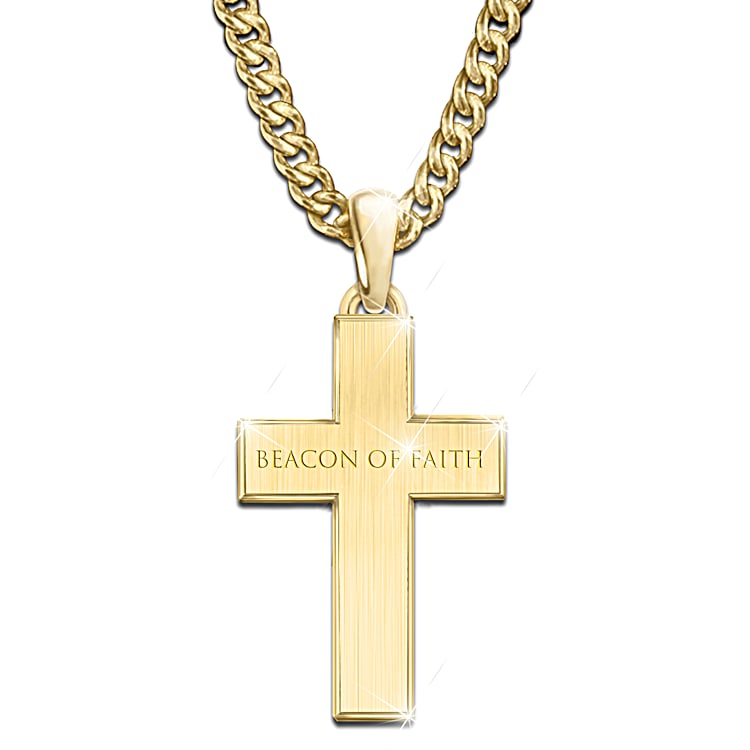 Mens Religious Cross Necklace With Genuine White Sapphire 24K