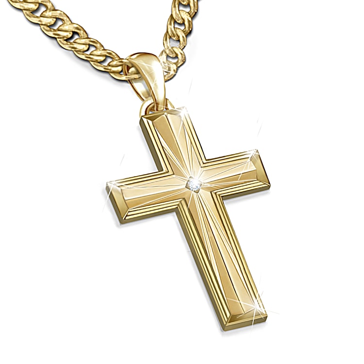 Mens Religious Cross Necklace With Genuine White Sapphire 24K