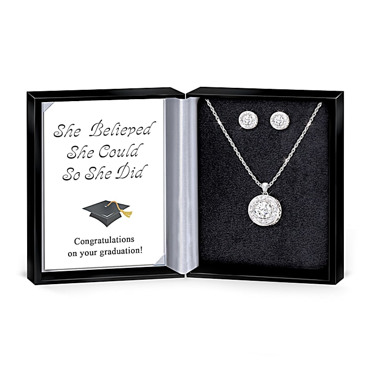 Top Of The Class Womens Graduation Pendant And Earrings Set Featuring Crystal Solitaire And Clear Crystals Filigree Edges