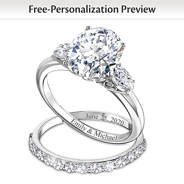 Brilliance Of Our Love Personalized Sterling Silver Bridal Ring Set Featuring Over 5 Carats Of Simulated Diamonds Heart Shaped Design On Gallery