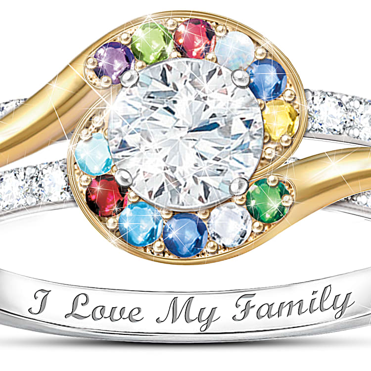 Real Love Of Family Womens Personalized Birthstone Ring Featuring A White Topaz Center Stone With 18K Gold Plated Accents