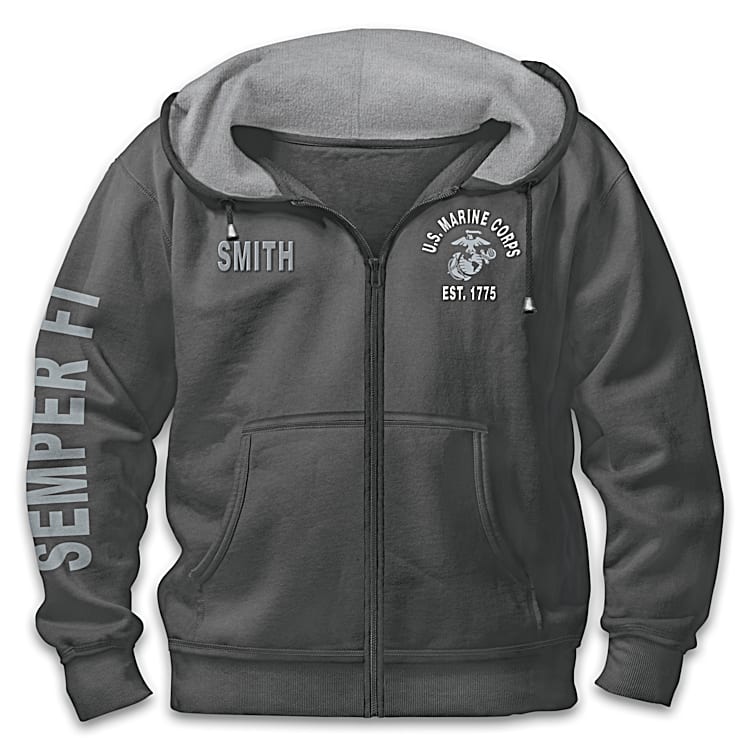 Ready At The Reveille USMC Mens Personalized Full Zip Gray Hoodie Featuring The USMC Emblem Printed On The Front Back