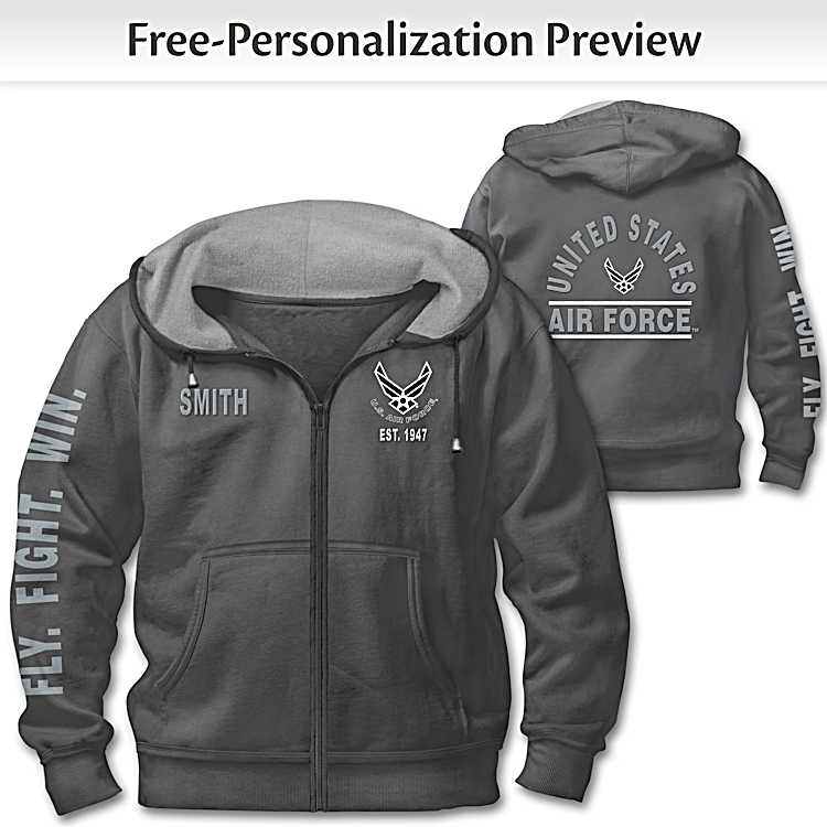 Ready At The Reveille U.S. Air Force Mens Personalized Gray Full Zip Hoodie Featuring The USAF Symbol On The Front Back