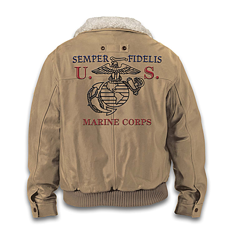 USMC Semper Fidelis Mens Vintage Style Twill Bomber Jacket With Removable Sherpa Collar Featuring The Marines Emblem Embroidered On The Front
