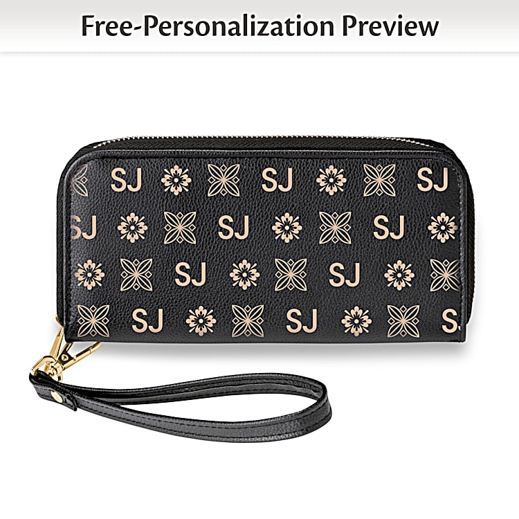 Just My Style Womens Personalized Faux Leather Clutch Wallet Featuring An All Over Print With Removable Wristlet Strap