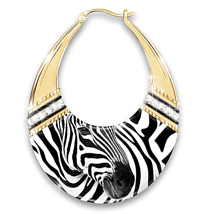 Zebra Print Gold Toned Hoop Earrings Adorned With Black And White Zebra Print Art And 12 Crystal Accents