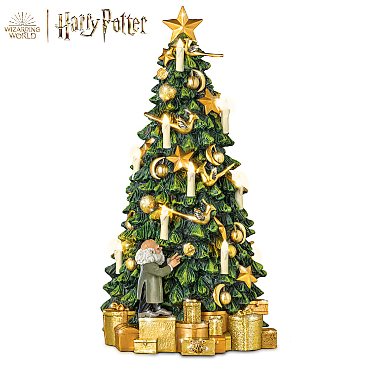 HARRY POTTER HOGWARTS Musical Tabletop Christmas Tree Featuring Handcrafted  Golden Metallic Ornaments & Illuminated Built-In Flickering Fameless Candle  Lights Arranged Throughout