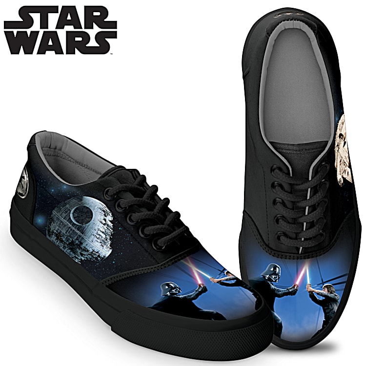STAR WARS Saga Mens Shoes Featuring A Black Canvas With Luke Skywalker Darth Vader Accented By The Millennium Falcon Death Star