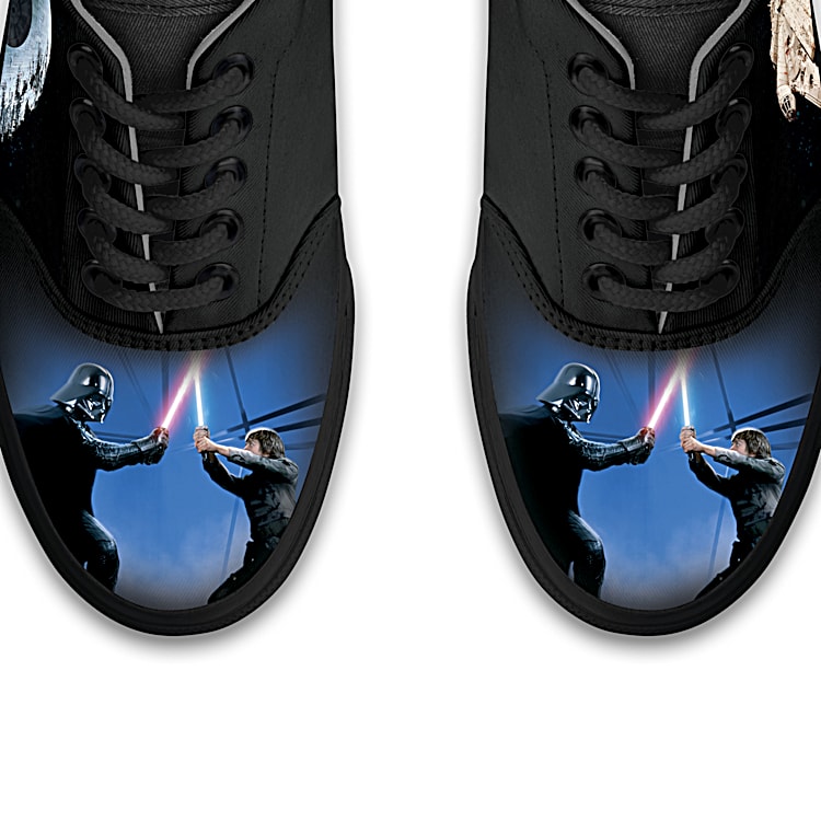STAR WARS Saga Mens Shoes Featuring A Black Canvas With Luke Skywalker Darth Vader Accented By The Millennium Falcon Death Star