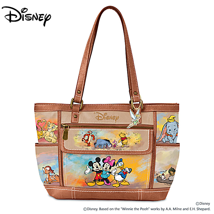 Disney Masterpiece Of Magic Beige Faux Leather Designer-Style Handbag  Featuring A Whimsical Watercolor Print & Artwork Of Over 20 Beloved  Characters